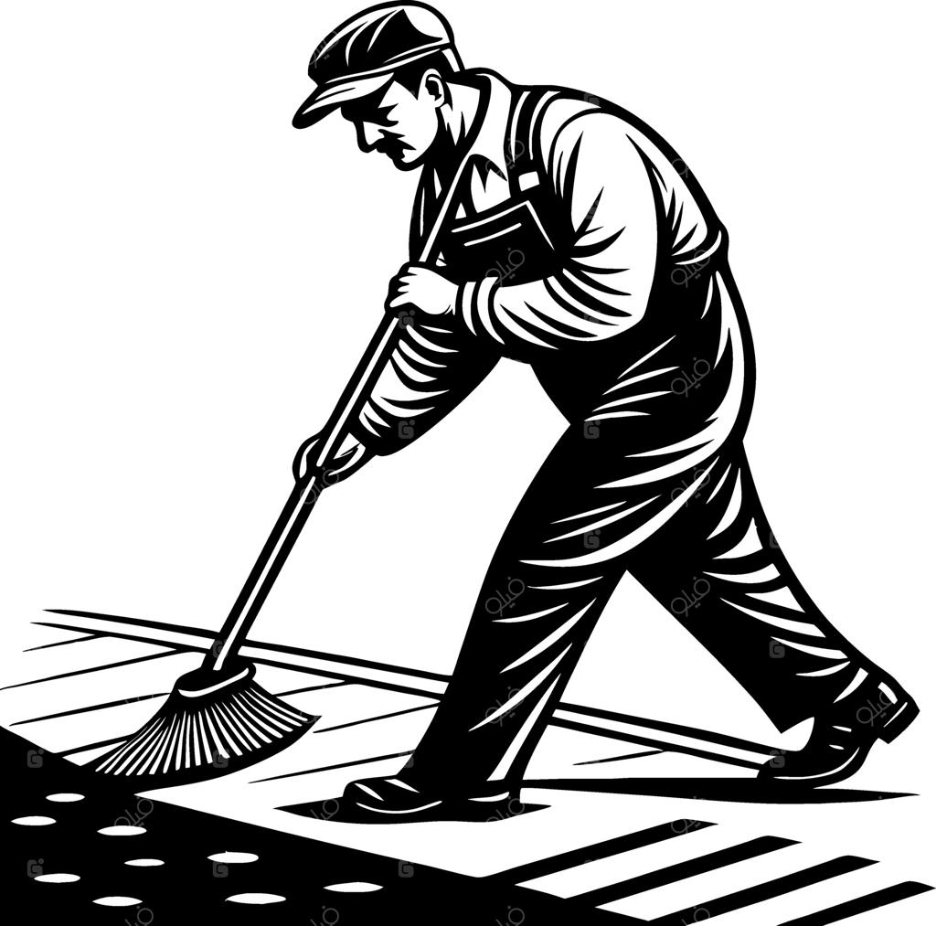 رفتگر قدیمی با لباس سرهمی در حال جارو زدن و نظافت شهری