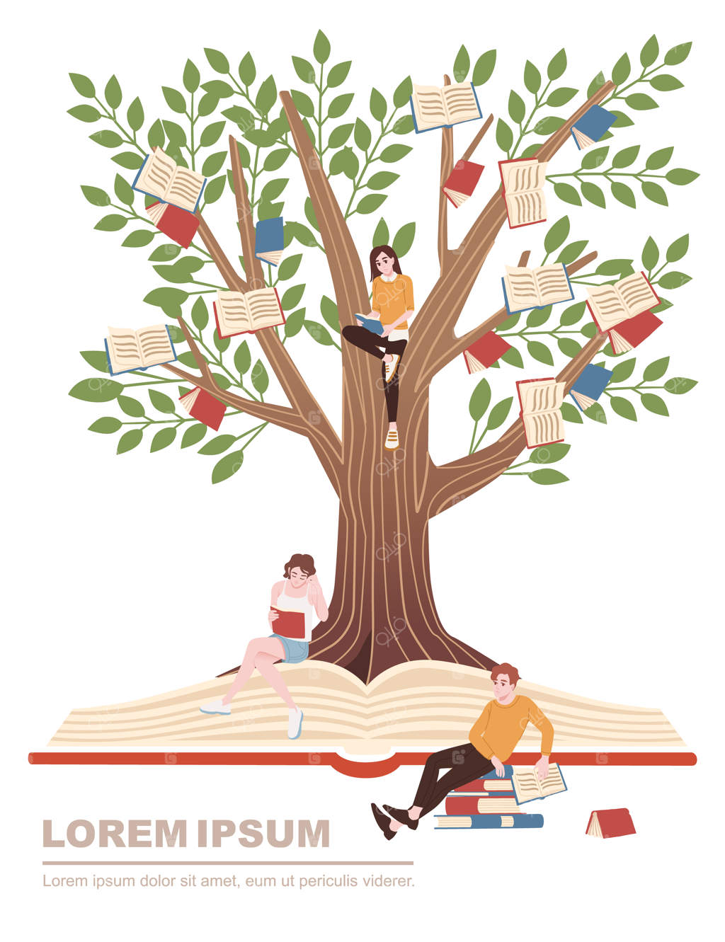 مفهوم آموزش: رشد کتاب‌ها روی درخت و شخصیت‌های کارتونی در حال مطالعه - طراحی برداری تخت روی زمینه سفید