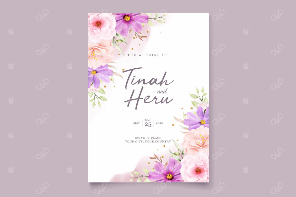 ست کارت دعوت عروسی گل داوودی با طرح آبرنگی