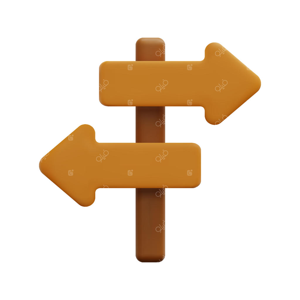 آیکون تابلو راهنما سه‌بعدی. جدا شده در پس‌زمینه سفید. مفهوم نقشه و ناوبری سه‌بعدی. سبک کارتونی و مینیمال. تصویر رندر شده آیکون فلش جهت‌دار سه‌بعدی.