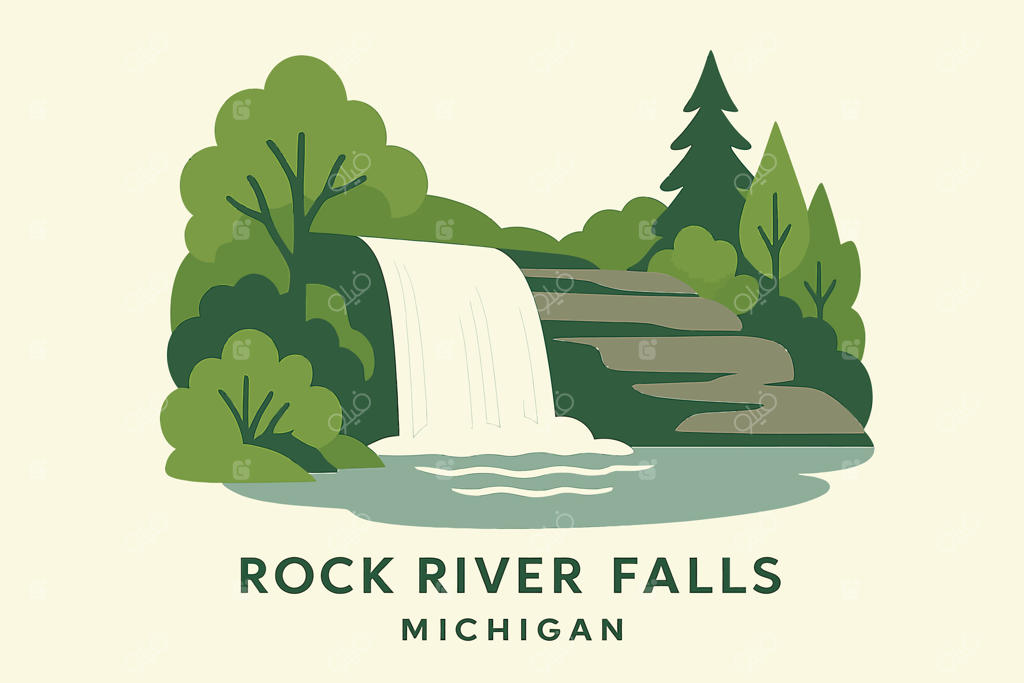 چشم‌انداز زیبای آبشار راک ریور در میشیگان؛ نمایی از آبشار روان، صخره‌ها، رودخانه و جنگل‌های اطراف