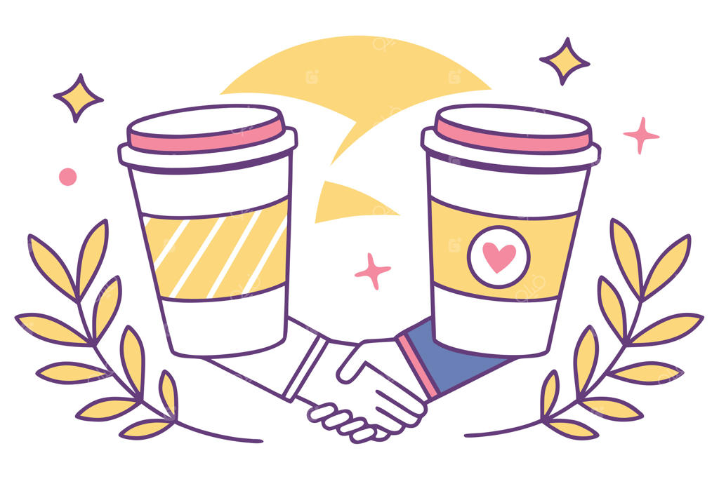 دو فنجان قهوه در حال دست دادن با تزئینات گرافیکی