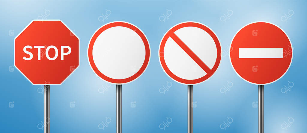 تابلو توقف جاده: نشانه ترافیک خیابان، تابلوهای هشدار خطر توقف. مجموعه وکتور علائم سفر و رانندگی. علامت‌های هشدار خیابان و اطلاعات توقف در ترافیک