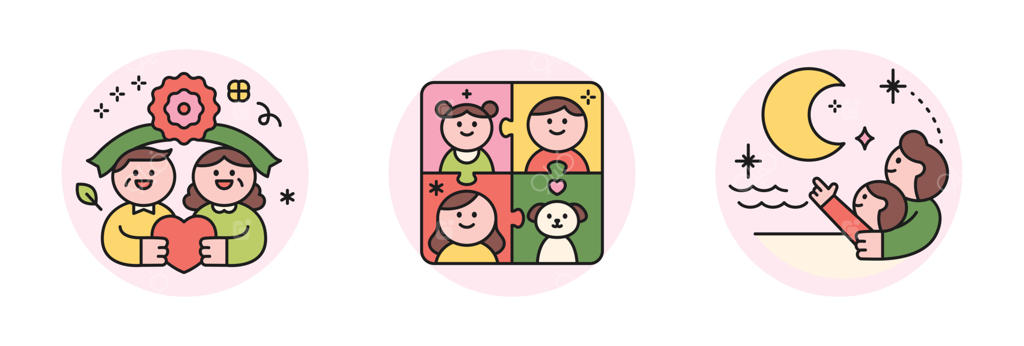 ماه خانواده. قدردانی از والدین و عشق به فرزندان. آیکون گل میخک و والدین، اعضای خانواده، پدر و فرزند در حال تماشای ماه.