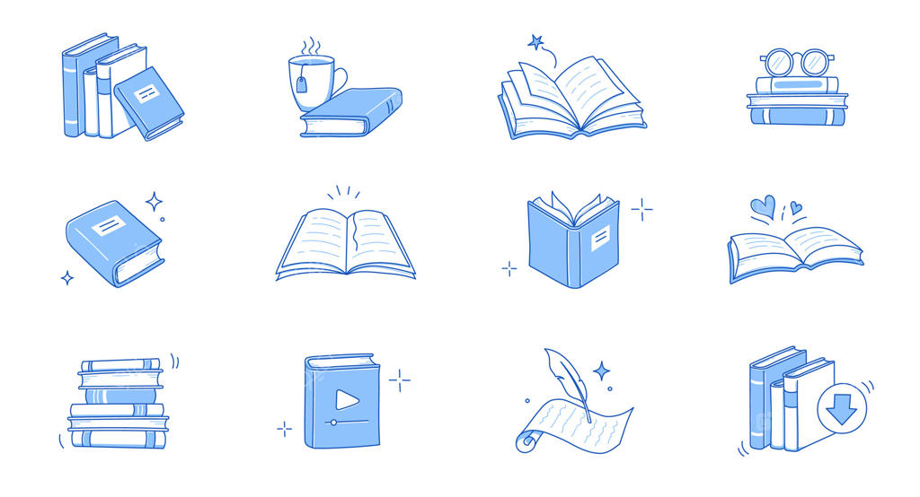 مجموعه آیکون طراحی دستی کتاب. طراحی اسکچ آیکون خطی کتاب و دفترچه. کتابخانه باز، خواندن، آیکون مفهومی آموزش مدرسه. خط آبی قلم.