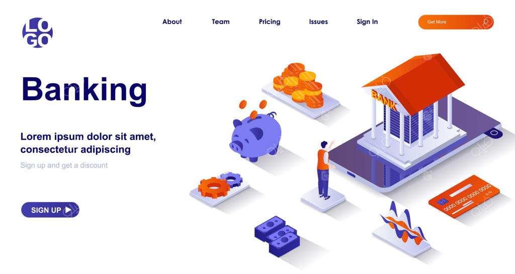 صفحه فرود ایزومتریک سه‌بعدی بانکی با شخصیت‌های انسانی