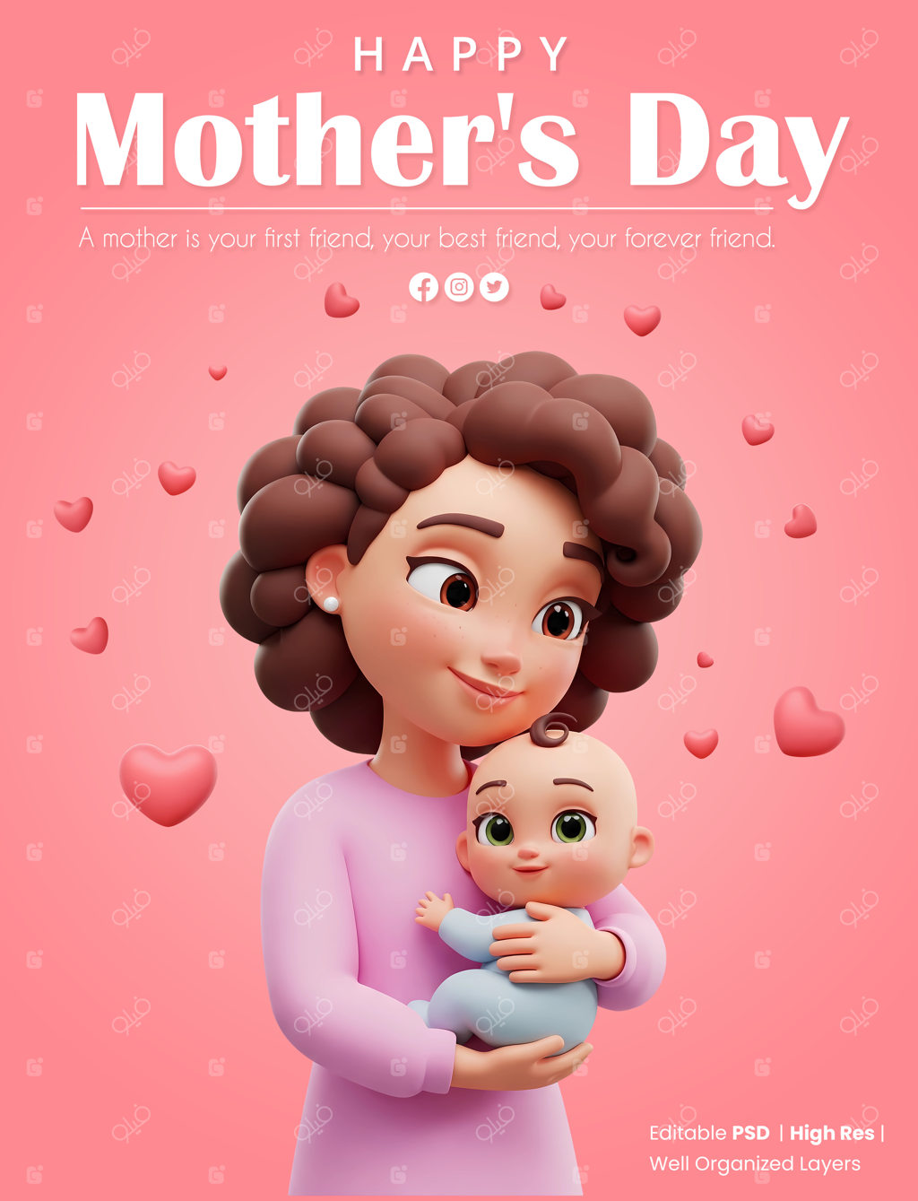قالب پوستر تبریک روز مادر با کاراکتر کارتونی سه‌بعدی مادر خندان با موهای قهوه‌ای که نوزادش را در آغوش گرفته است