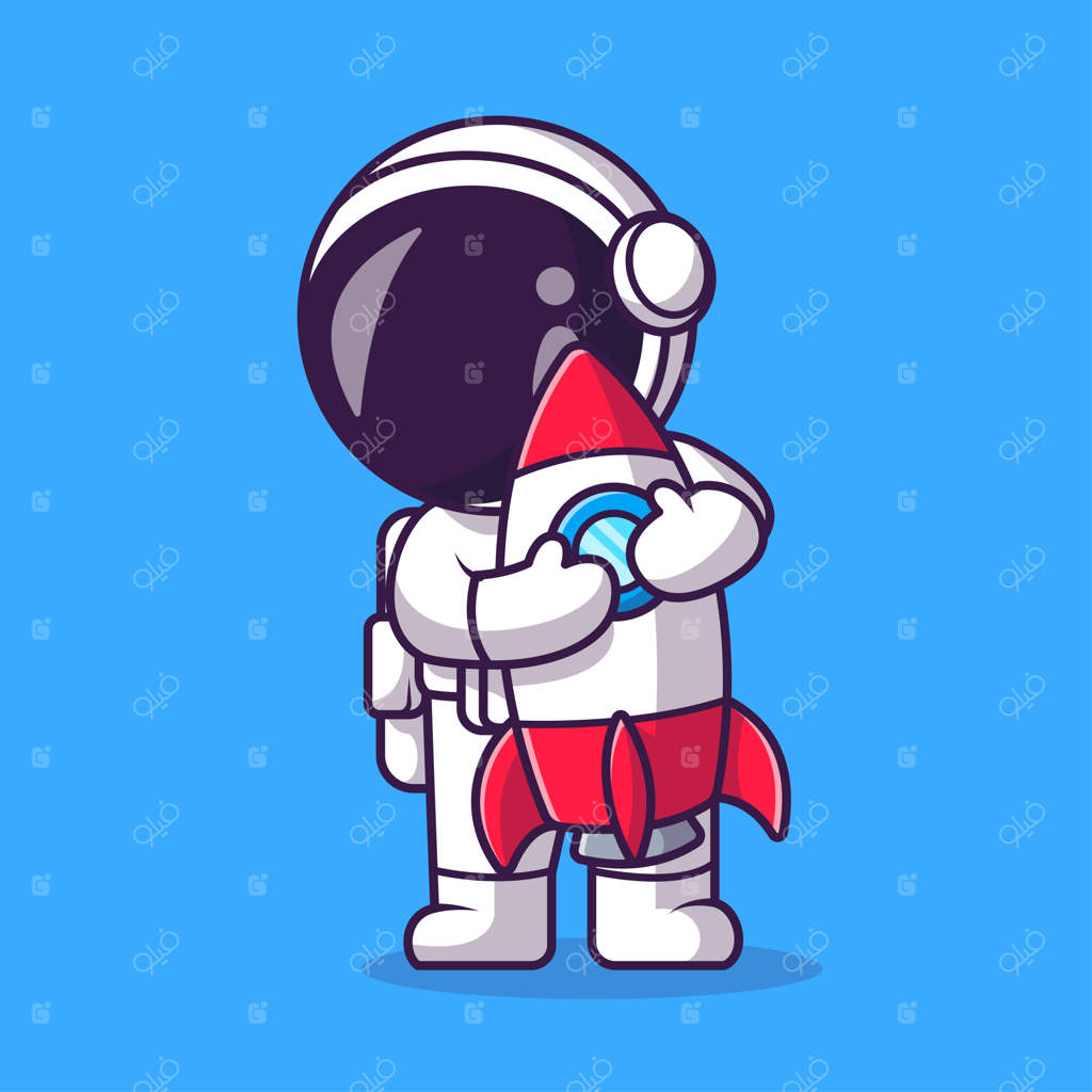 تصویر وکتور کارتونی فضانورد بامزه در حال بغل کردن موشک. مفهوم آیکون علم و فناوری به صورت مجزا