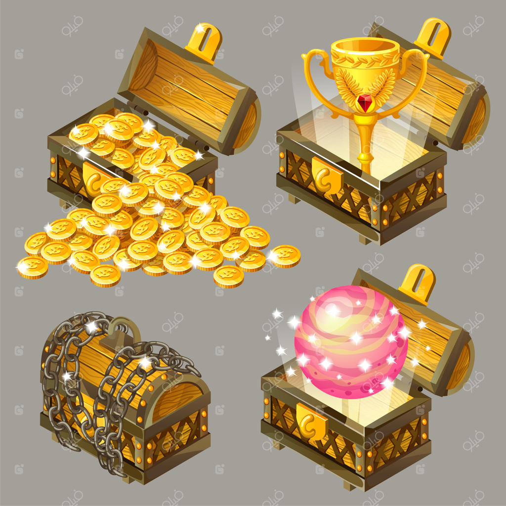 تصاویر ایزومتریک صندوقچه‌های گنج کارتونی.