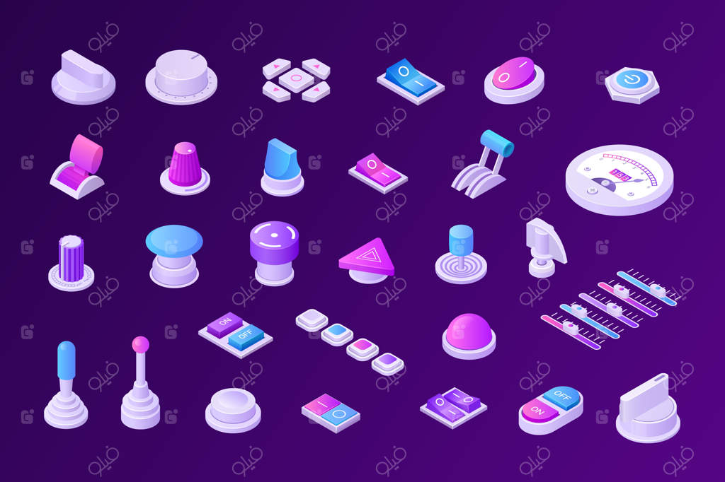کلیدها و دکمه‌های ایزومتریک: مجموعه وکتور برای پنل کنترل ویرایش صوت و تصویر با طراحی رترو مدرن و سه‌بعدی