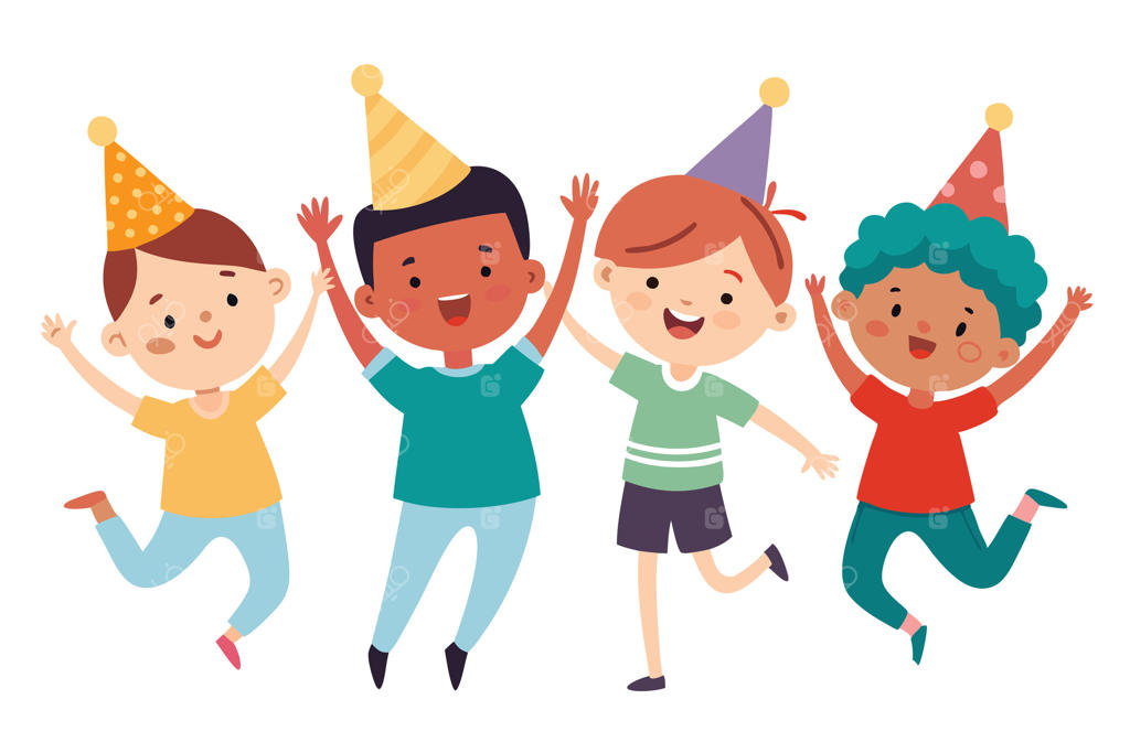 گروه پسربچه‌های کارتونی شاد در حال جشن گرفتن با کلاه تولد