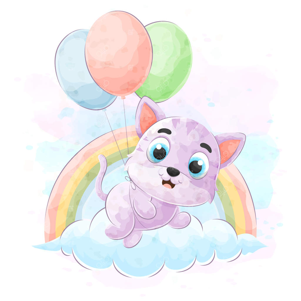 نقاشی بامزه گربه پرنده با بادکنک‌ها و آبرنگ