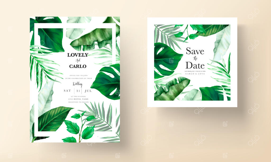 قالب دعوتنامه عروسی گرمسیری با برگ‌های شیک درختان