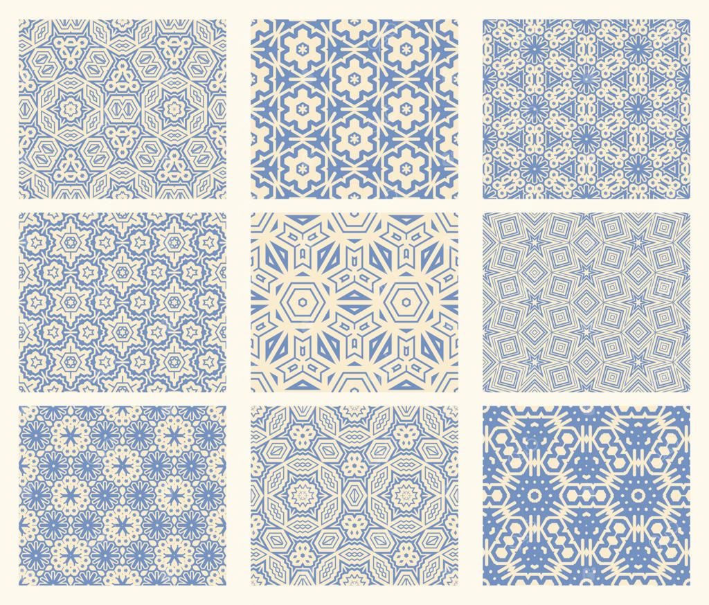 مجموعه الگوهای یکپارچه هندسی شش‌ضلعی و مثلثی فانتزی و انتزاعی. مجموعه‌ای از طرح‌های موزاییک و کاشی خلاقانه.