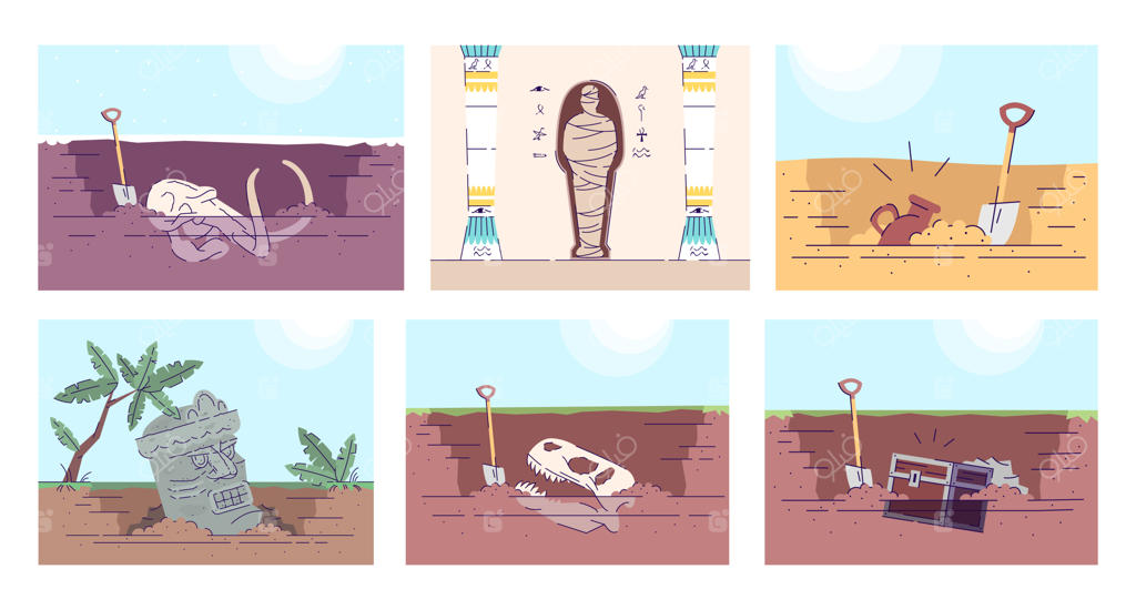 مجموعه‌ای از تصاویر تخت وکتور باستان‌شناسی: فسیل جمجمه حیوانات، توسعه تمدن‌های باستانی، کوزه سفالی، یادبود کهن، گنجینه قبرستان و کاوش‌های باستان‌شناسی