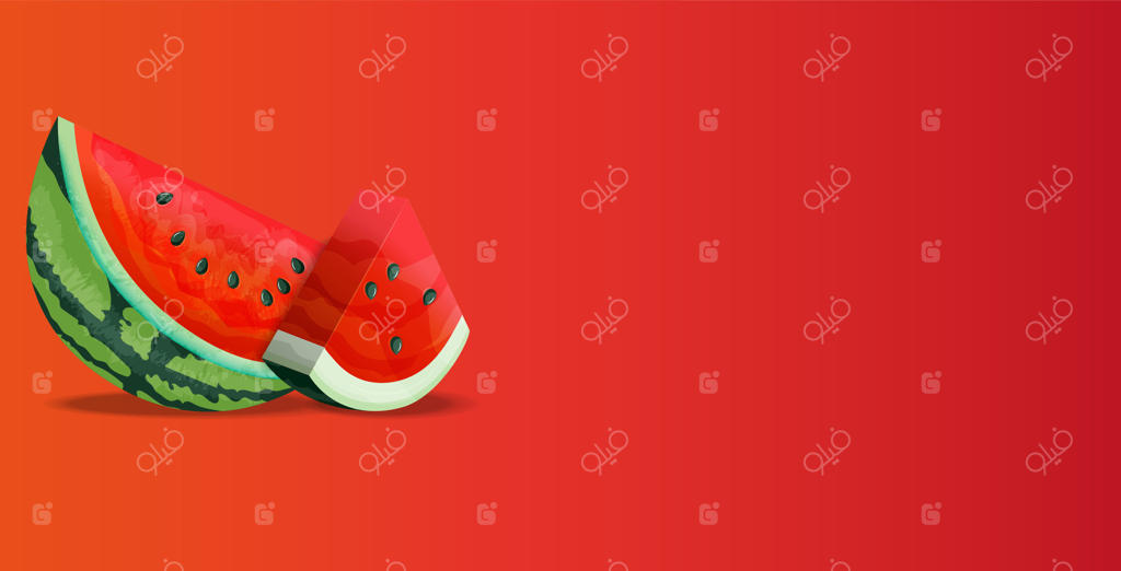 برش‌های هندوانه با داخل قرمز روشن در زمینه‌ای قرمز و زنده چیده شده‌اند