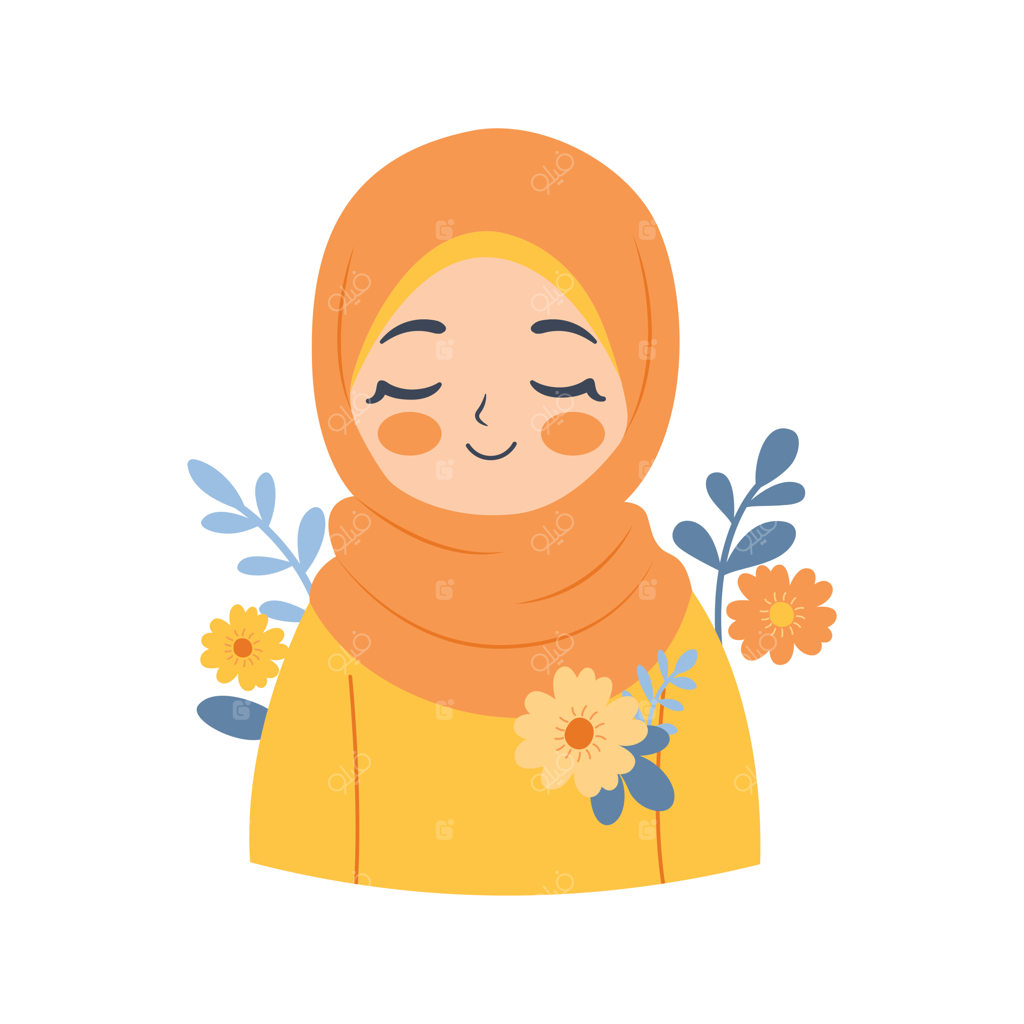 شخصیت کارتونی دختربچه مسلمان بامزه و خندان با حجاب و تزیینات گل