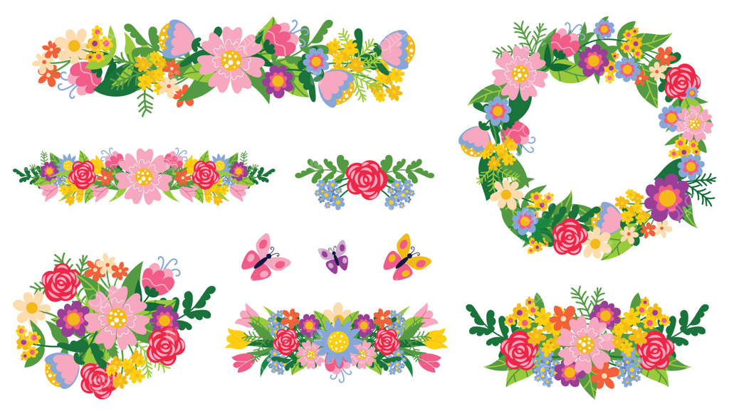 ترکیب گل‌های روشن با رز باغی و سایر گل‌ها: جداکننده‌های گل، دسته‌گل‌ها و تاج‌گل. طراحی رمانتیک برای لوازم آرایشی طبیعی و محصولات زنانه.