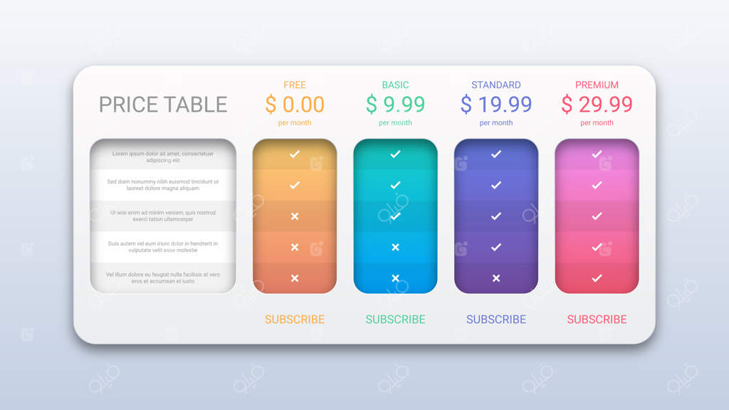 قالب مدرن جدول قیمت‌گذاری برای وب‌سایت و اپلیکیشن
