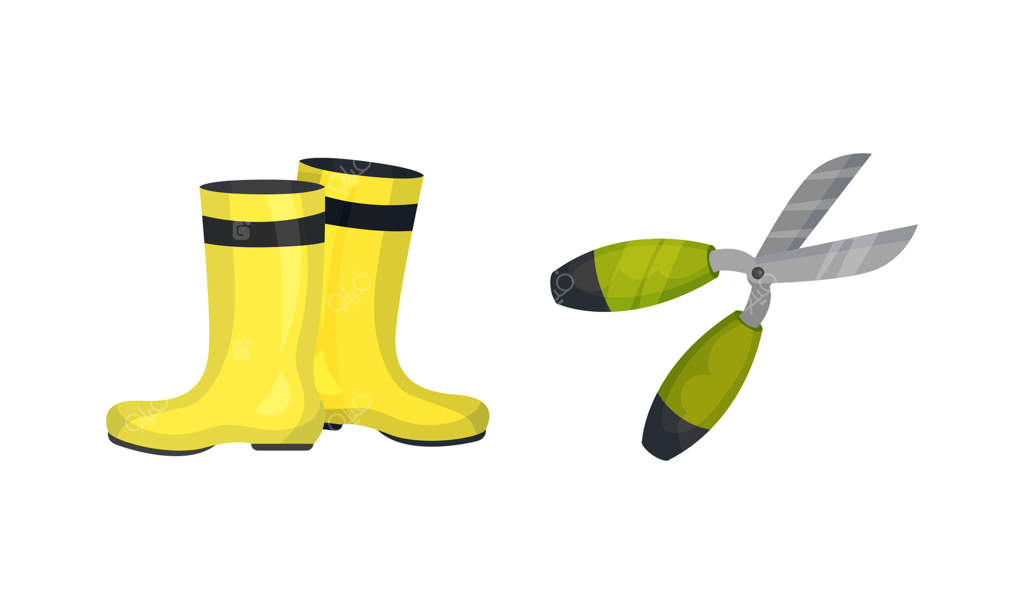 چکمه‌های لاستیکی و قیچی باغبانی: مجموعه‌ای از ابزار و تجهیزات باغبانی