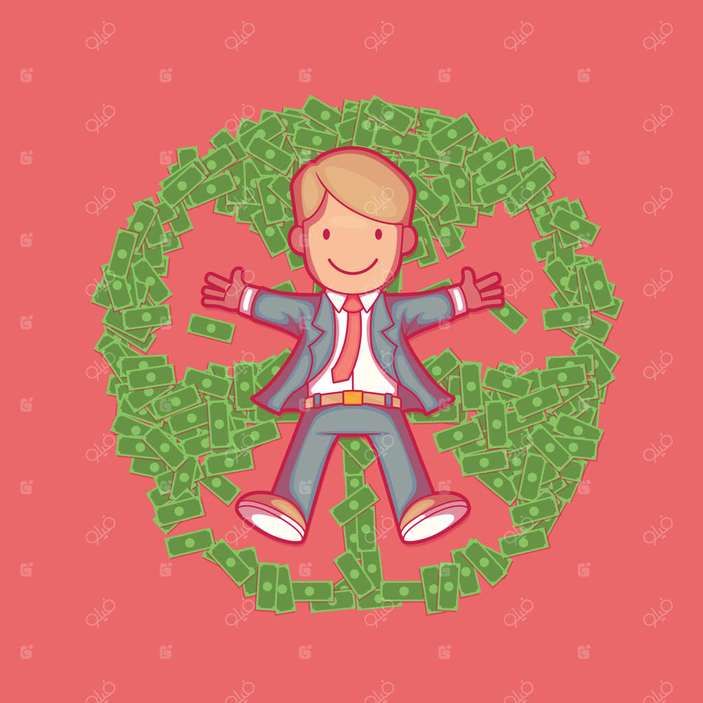 تاجر در حال ساخت فرشته برفی - مفهوم طراحی فساد پول و سیاست