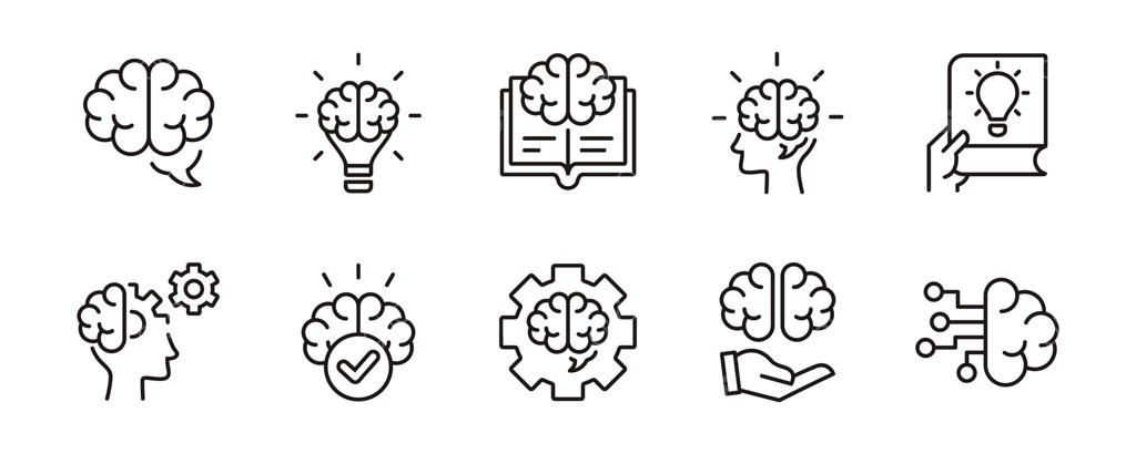 مجموعه آیکون‌های خطی مغز: نشانه‌های آموزش و تفکر. شامل لامپ خلاقانه، کتاب، سر و نماد دست با مغز.
