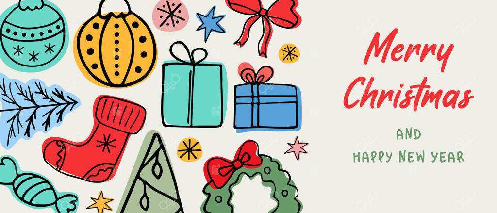 پترن کارت تبریک یا بنر برای کریسمس و سال نو با عناصر تزئینی به سبک دندانه‌دار. طرح تعطیلات با هدایا، تاج گل و جوراب‌ها.