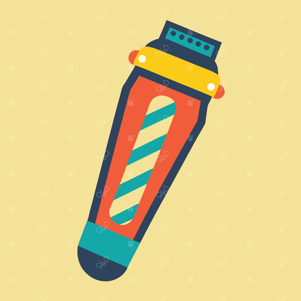 تصویر مسطح و رنگارنگ یک ماشین اصلاح مو روی پس‌زمینه زرد کم‌رنگ