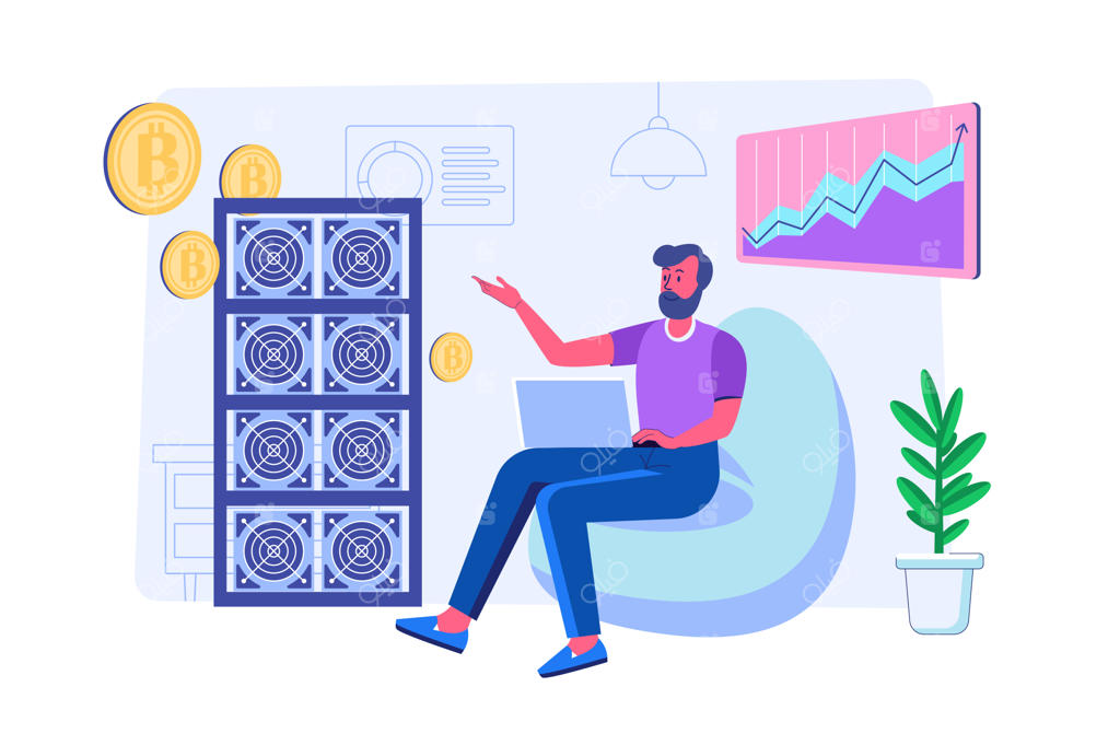مفهوم استخراج ارز دیجیتال: ایجاد مزرعه رمزارز و تحلیل تبادلات توسط افراد - استخراج بیتکوین و فروش در بازارها با طراحی مسطح و تصاویر وکتور