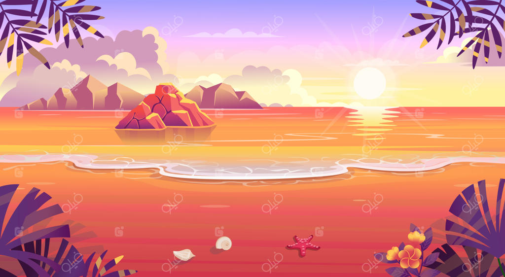 غروب آفتاب در ساحل گرمسیری با منظره کوه‌ها و جزایر دریا