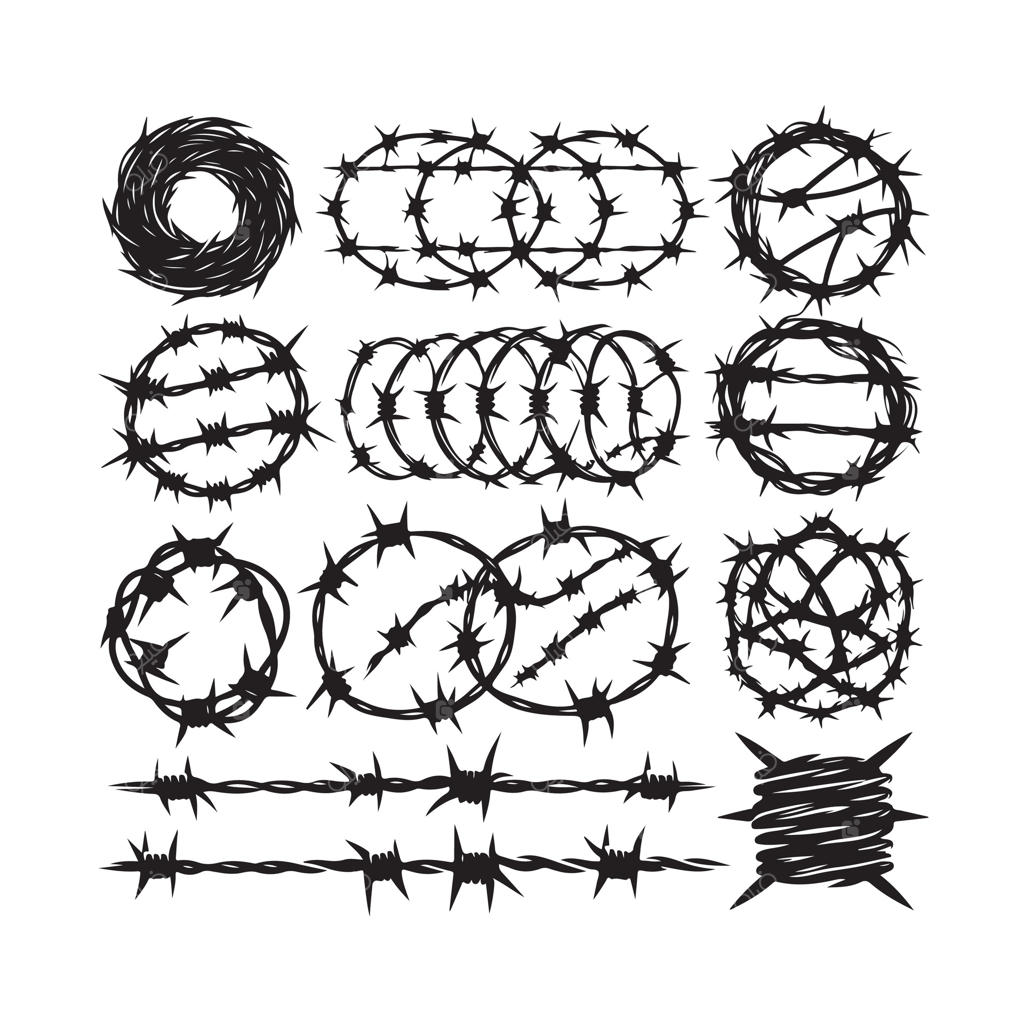 سیم خاردار بر روی زمینه سفید. سیم تیغ‌دار با سبک هندسی مینیمال مدرن. مجموعه‌ای از حصارهای زندان خشن - مناسب برای طراحی وب.
