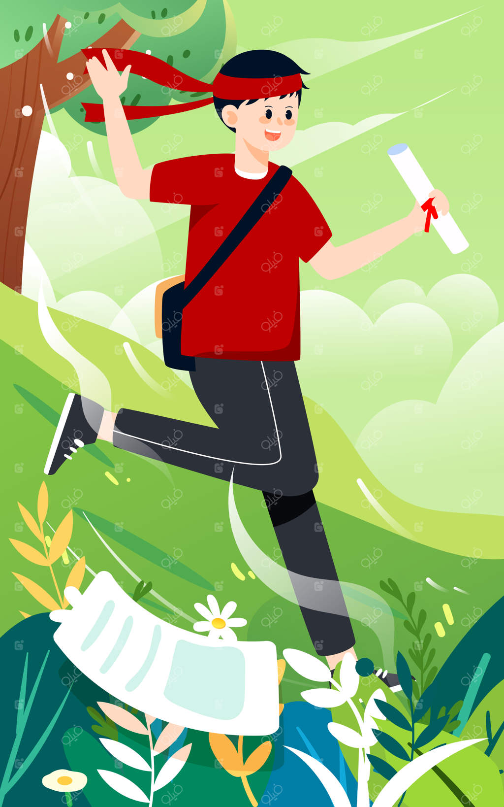 دانش‌آموزان در حال آمادگی برای امتحانات با ساعت و گیاهان در پس‌زمینه، تصویر برداری وکتوری