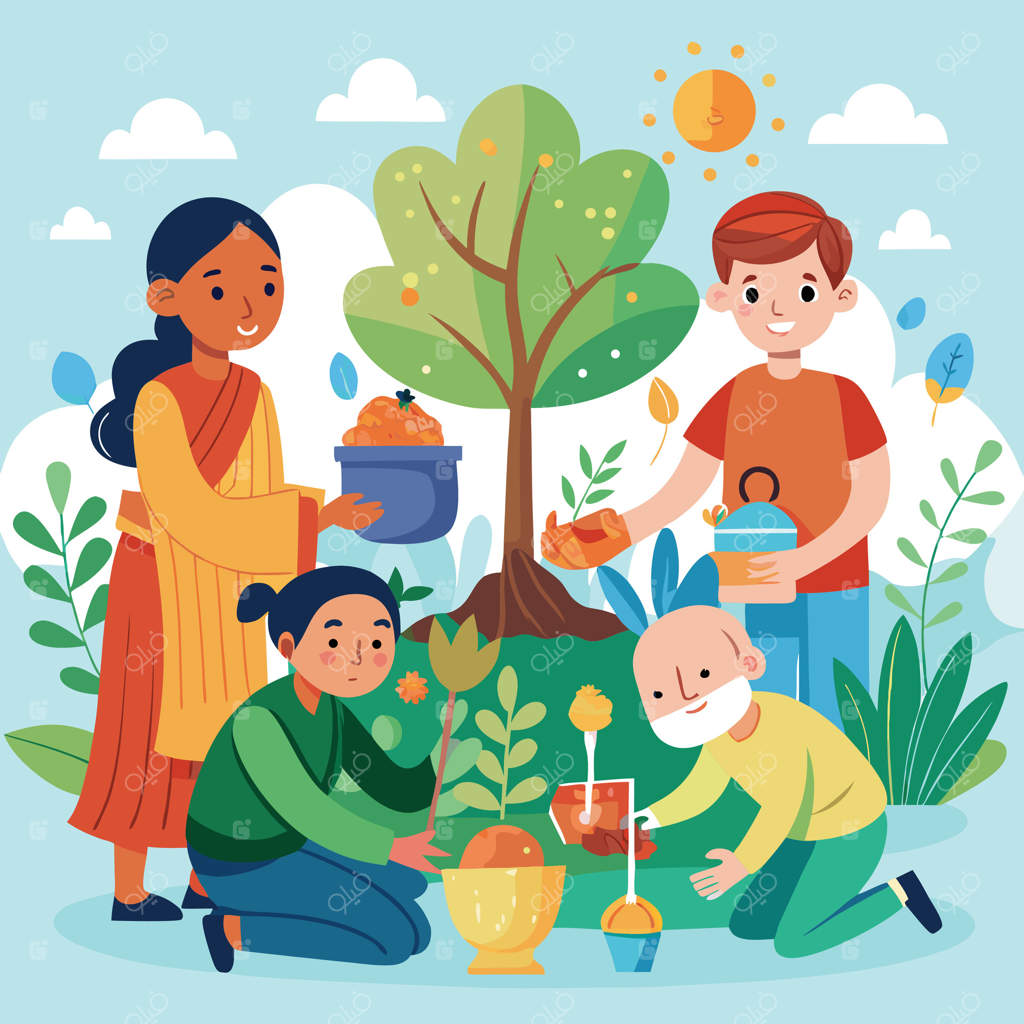 افرادی که در باغی درخت و گیاه می‌کارند