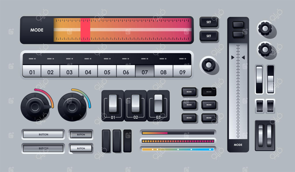 مجموعه‌ای از دکمه‌های وب واقعی روی زمینه خاکستری