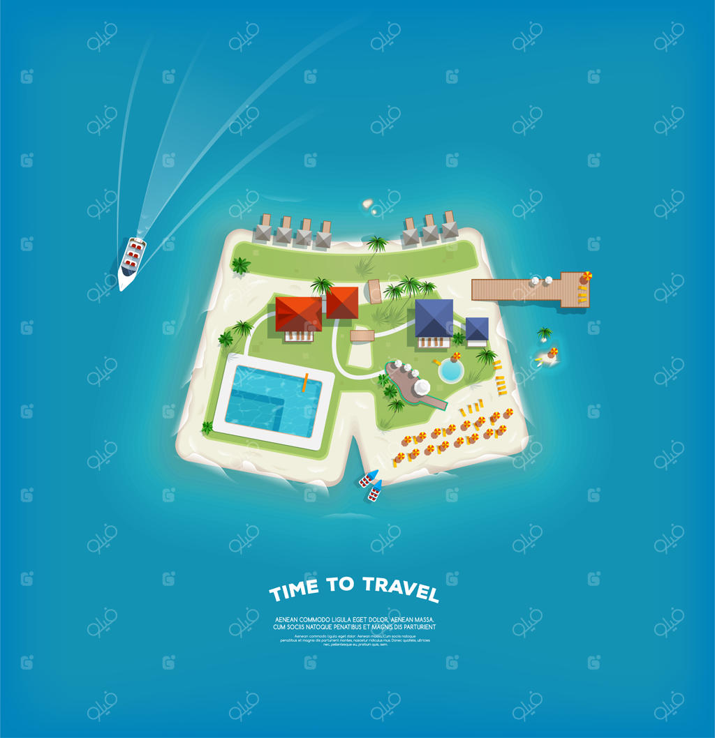 نمای بالا از جزیره به شکل شلوارک: زمان سفر و پوستر تعطیلات. مسافرت و گردشگری.