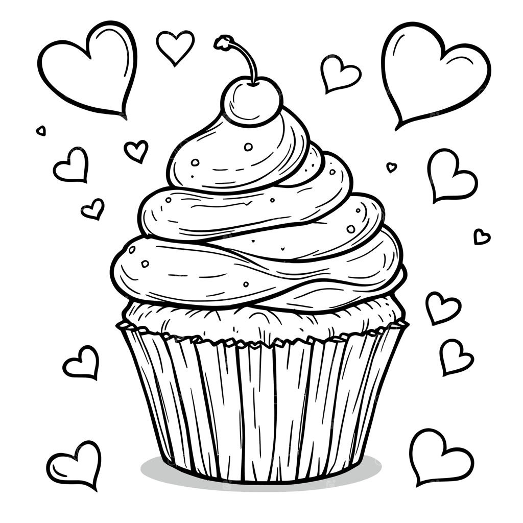 صفحه رنگ‌آمیزی کیک فنجانی با گیلاس و طرح قلب‌ها