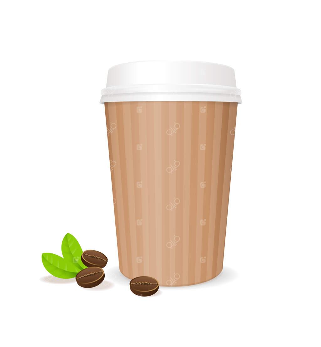 فنجان کاغذی قهوه با دانه‌ها - ظرف قهوه بر روی زمینه سفید
