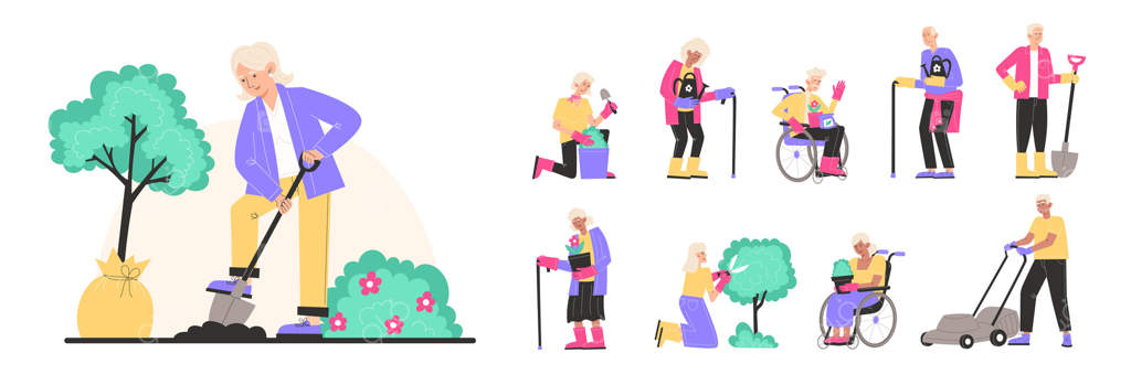 گروهی از سالمندان در حال کار در باغ هستند، شامل زنان و مردانی که در حال هرس کردن بوته‌ها، چمن‌زنی، کاشتن، حفر زمین و آبیاری‌اند.