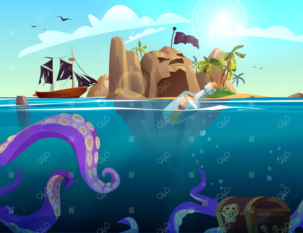 کشتی دزدان دریایی، جزیره سنگی با درختان نخل در اقیانوس و هشت‌پای غول‌پیکر بنفش زیر آب.