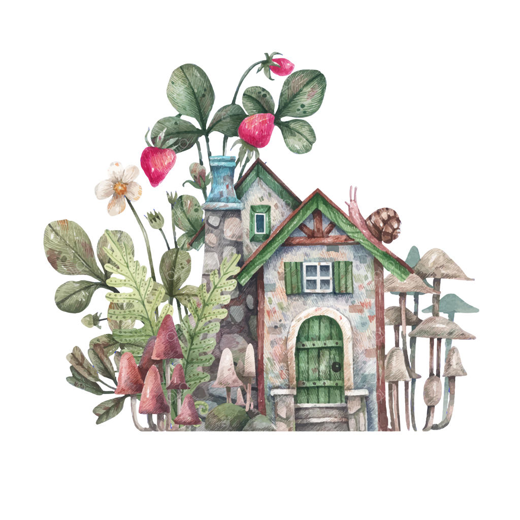 کلبه جنگلی با قارچ‌ها، توت‌فرنگی‌ها و سرخس‌ها - نقاشی آبرنگ دستی