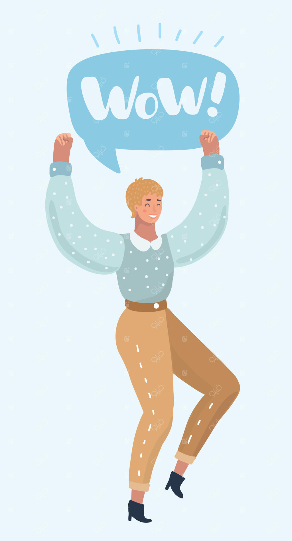 تصویرسازی وکتور کارتونی از زن شاد و متعجب با موهای کوتاه در حال پریدن داخل حباب گفتگو با کلمه Wow در پس‌زمینه سفید.