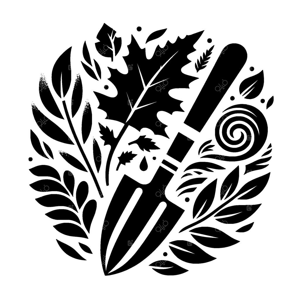 ترکیب باغ سیاه و سفید: چیدمانی دایره‌ای از بیلچه، برگ‌ها و عناصر طبیعی بر روی زمینه سفید