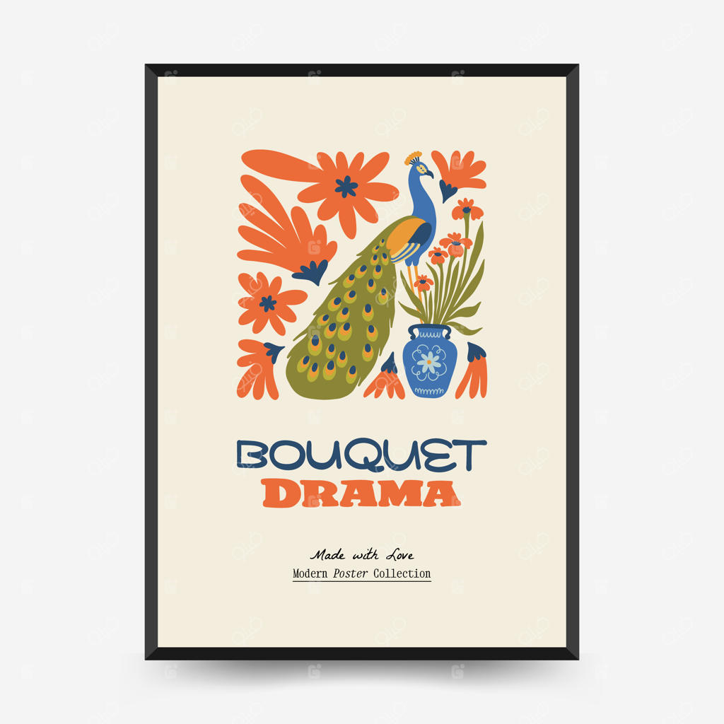 قالب پوستر انتزاعی گل‌دار به سبک مینیمال و ماتیس، طراحی دستی مدرن برای دکور دیوار