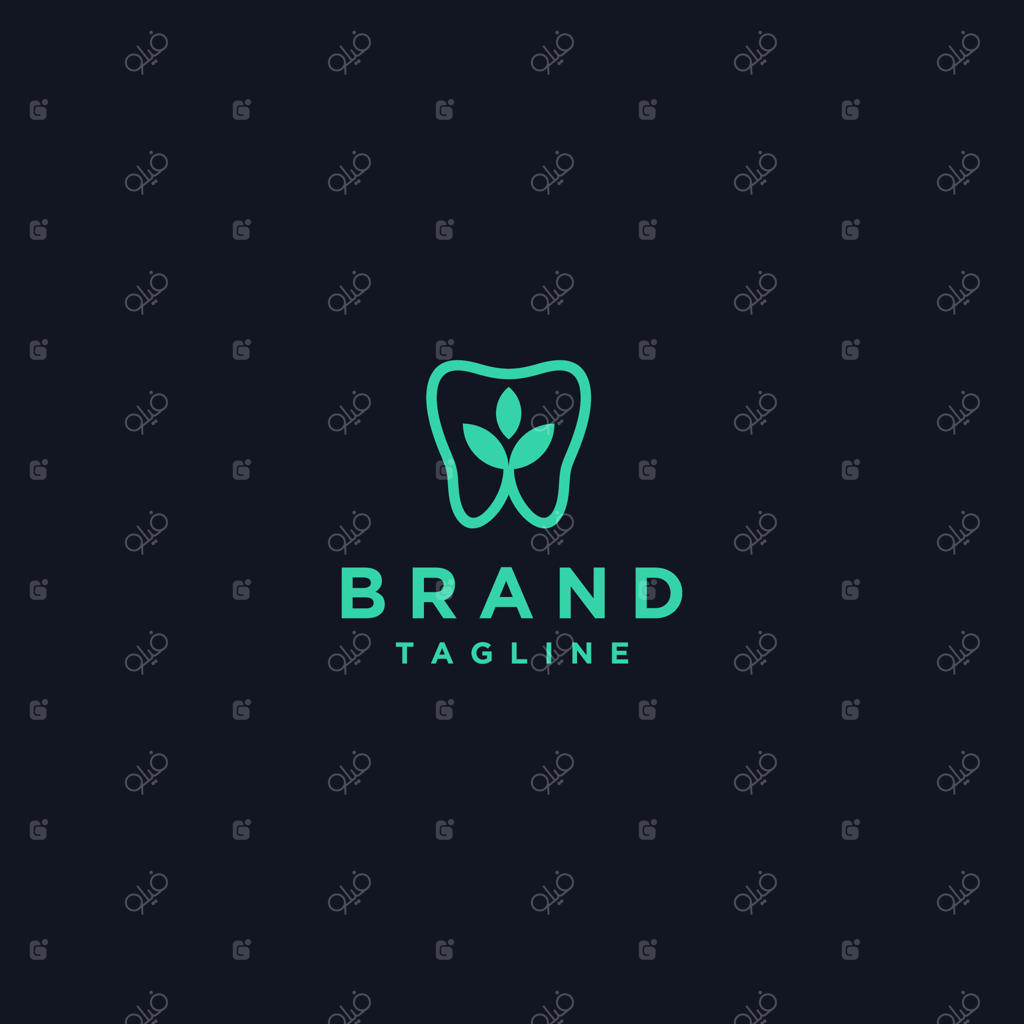 طراحی لوگو برگ در دندان. طراحی مینیمالیستی خطوط دندان و برگ.
