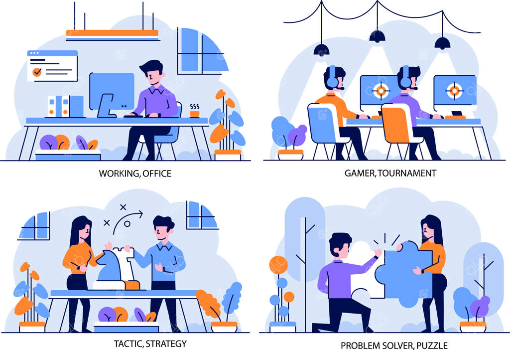 سبک طراحی تخت و خطی: کار در دفتر، مسابقات گیمرها، تاکتیک، استراتژی، حل مسئله، پازل