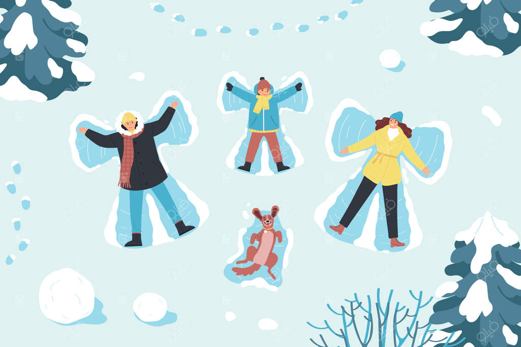 پس‌زمینه‌ی تخت زمستانی با نمای بالا از خانواده‌ی خوشحال و سگ که فرشتگان برفی می‌سازند، تصویرسازی وکتور