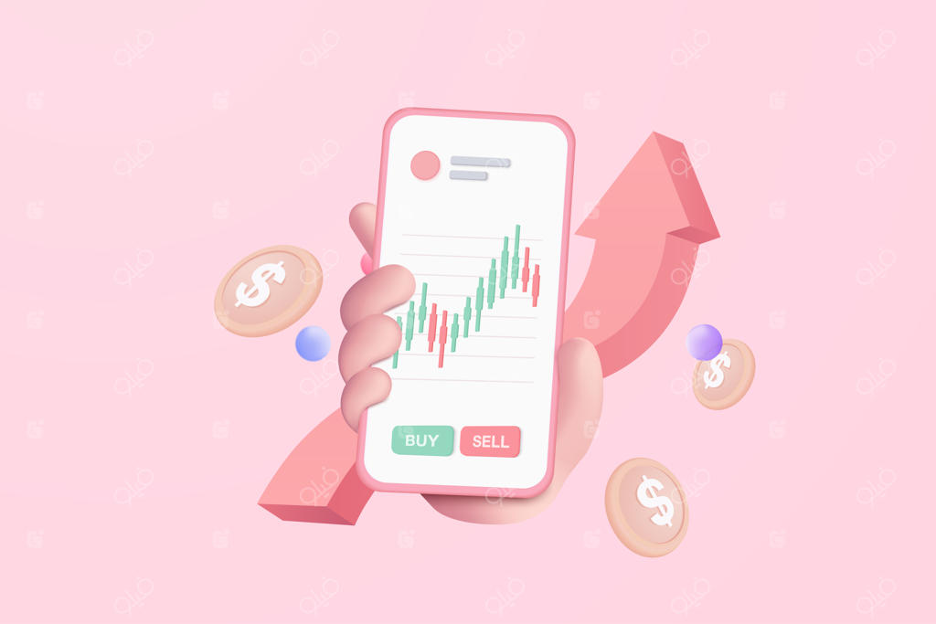 سکه سه‌بعدی: مفهوم نگه داشتن پول و پرداخت آنلاین روی موبایل، پس‌زمینه‌ای از سرمایه‌گذاری و پس‌انداز پول در دست در قالب وکتور سه‌بعدی