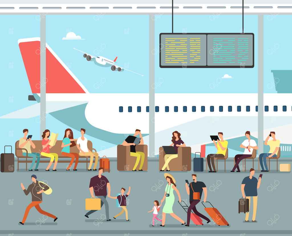 ترمینال فرودگاه بین‌المللی با افرادی نشسته و در حال قدم زدن. مردان و زنان، خانواده‌ها با کودکان برای تعطیلات تابستانی به سفر می‌روند.