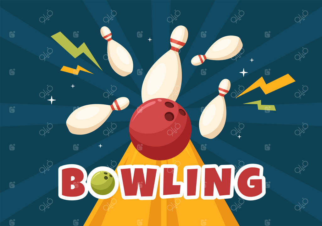 بازی بولینگ: طراحی کارتونی دست‌کشیده با پس‌زمینه ساده و شامل پین‌ها، توپ‌ها و تخته‌های امتیاز