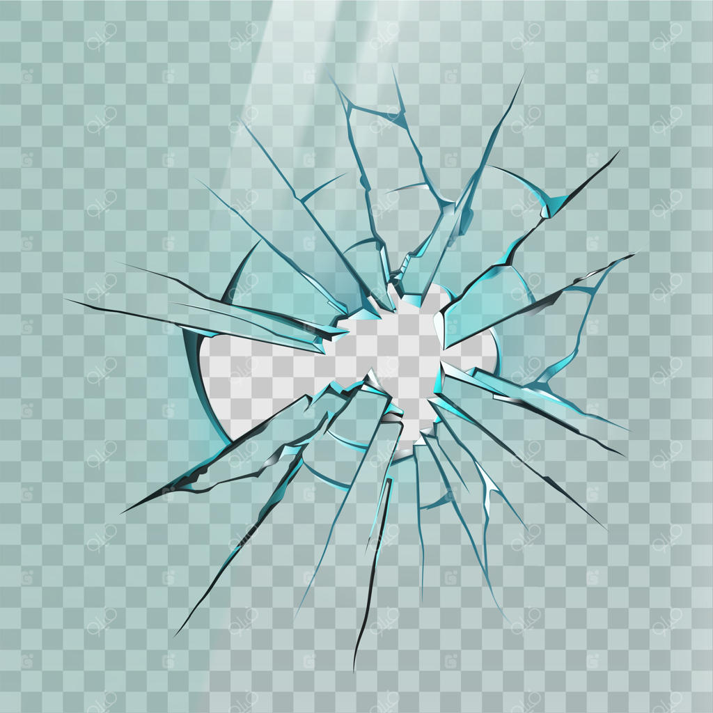 شیشه شکسته: طرحی واقع‌گرایانه از ترک بر روی پنجره، یخ یا آینه با لبه‌های تیز و سوراخ. نمایی از صفحه نمایش خرد شده و طرح وال شیشه‌ای متلاشی شده